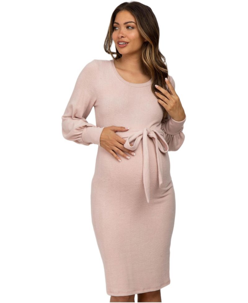 Women's Pink Soft Brushed Waist Tie Bubble Sleeve Dress