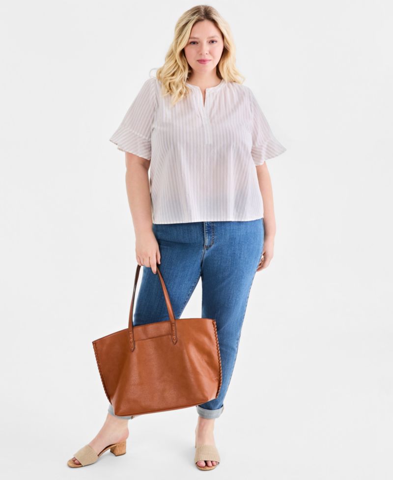Plus Size Striped Cotton Split-Neck Popover Top