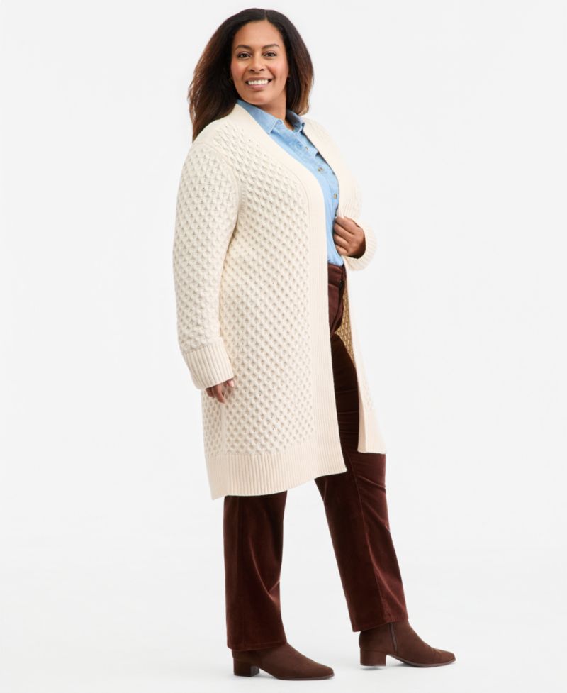 Petite Honeycomb-Knit Open-Front Long Cardigan