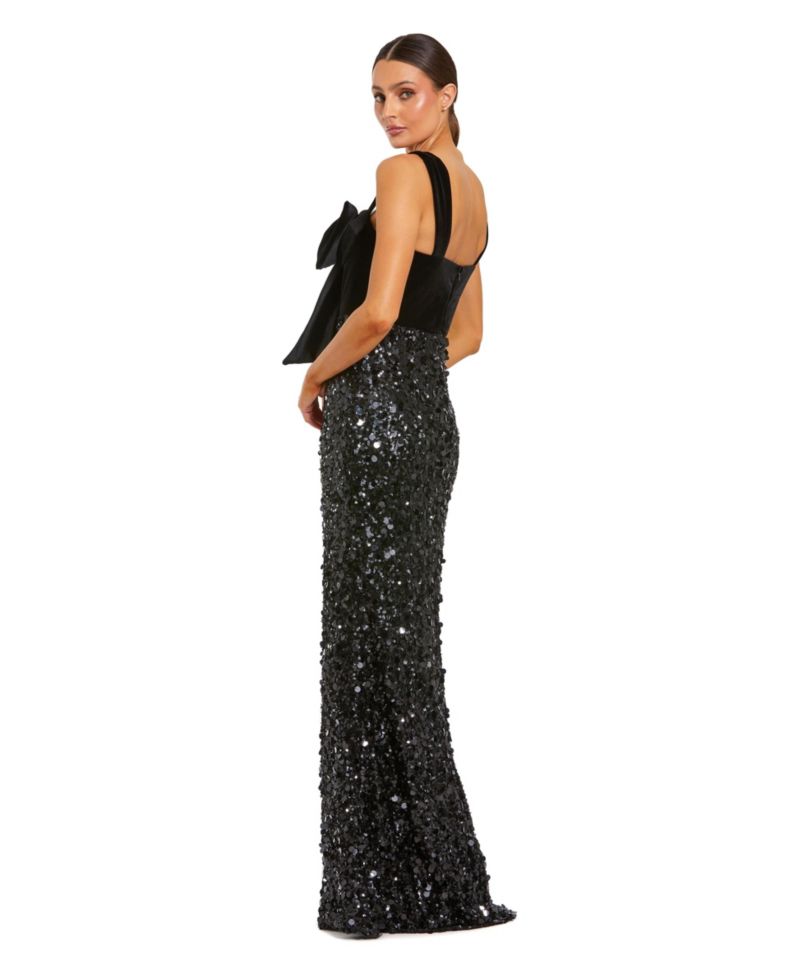 Women's Sequin Column Gown with Velvet Bow Detail