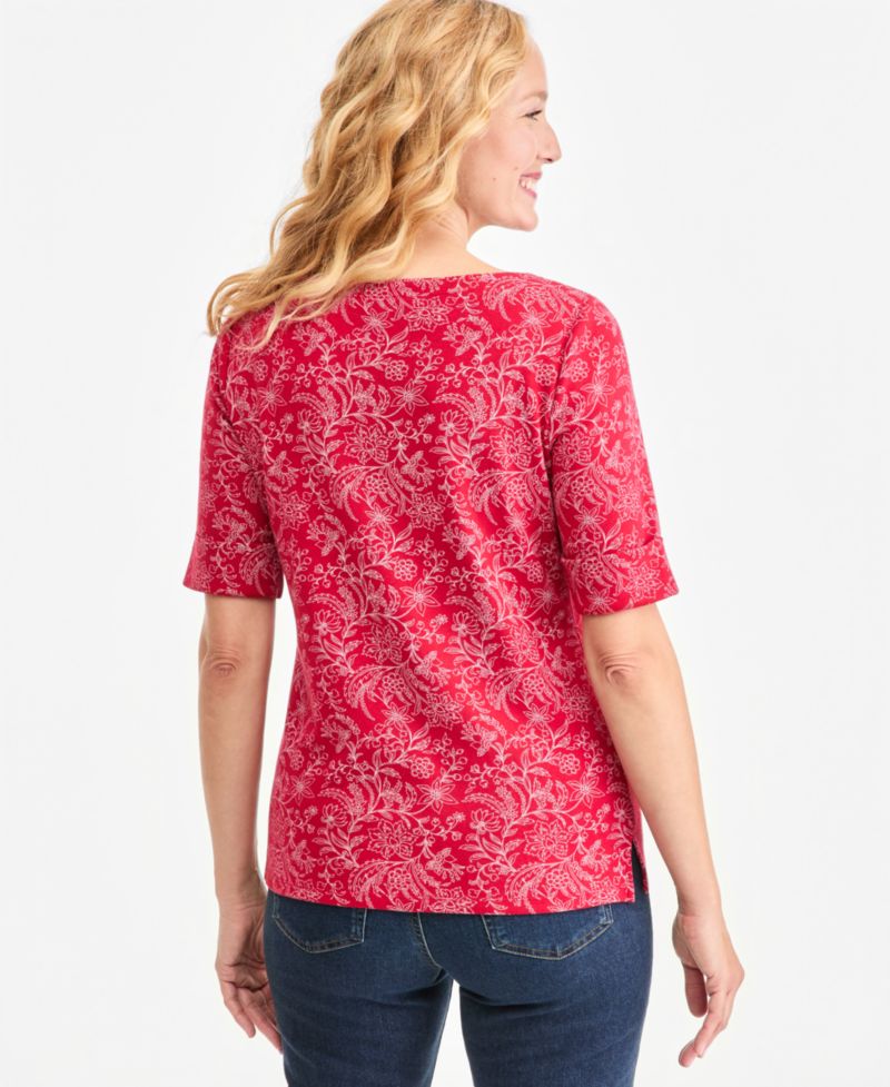 Printed Women's Boat-Neck Elbow-Sleeve Top