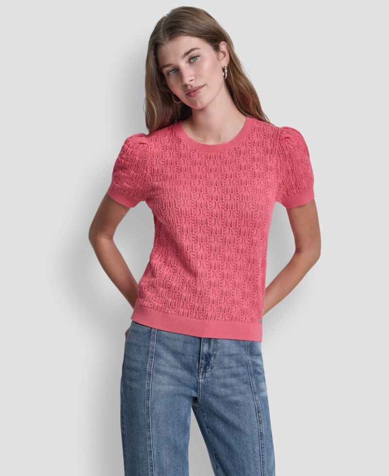 Women's Short Sleeve Crew Neck Lace Pointelle Sweater
