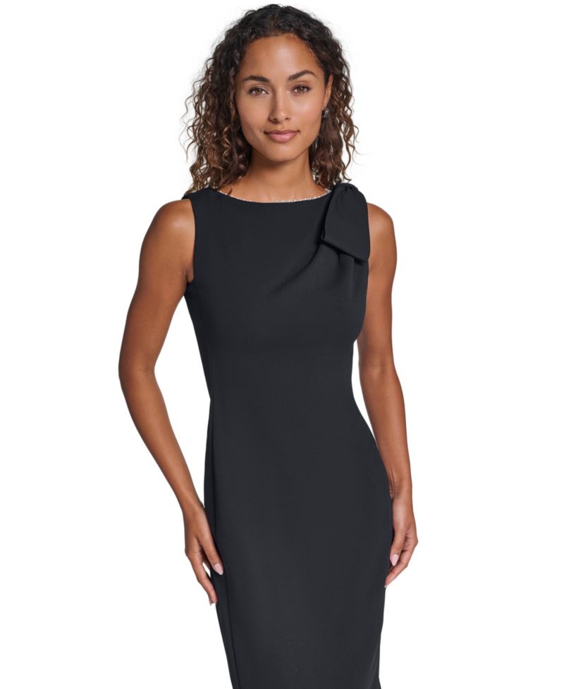 Women's Scuba Crepe Imitation Pearl Trim Crewneck Sheath Dress