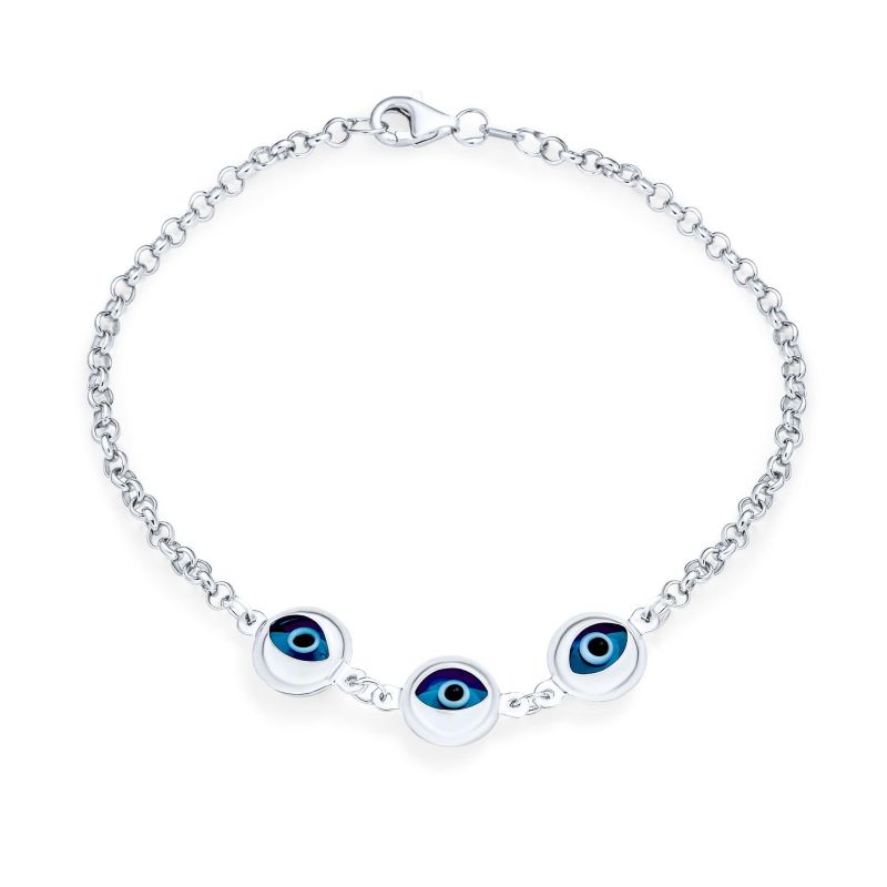 Turkish Blue Evil Eye Charm Chain Link Bracelet .925 Sterling Silver 7.5"