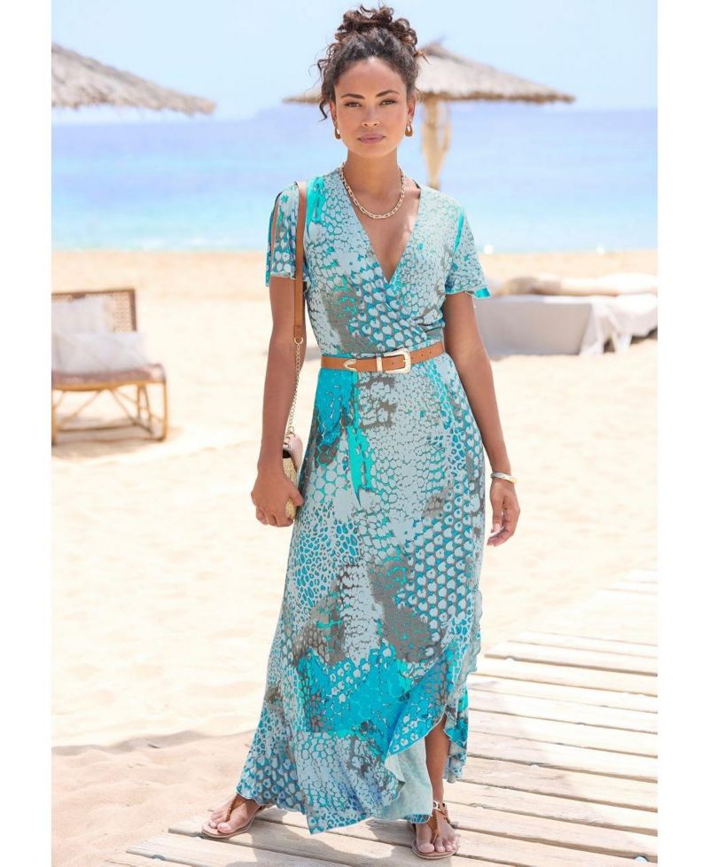 Women's Viscose Printed Side Slit Ruffle-Trim Maxi Dress