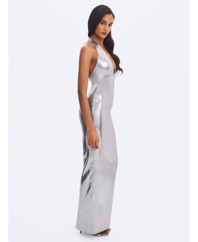 Women's Valeska Silver Foil Plunging Sheath Maxi Dress