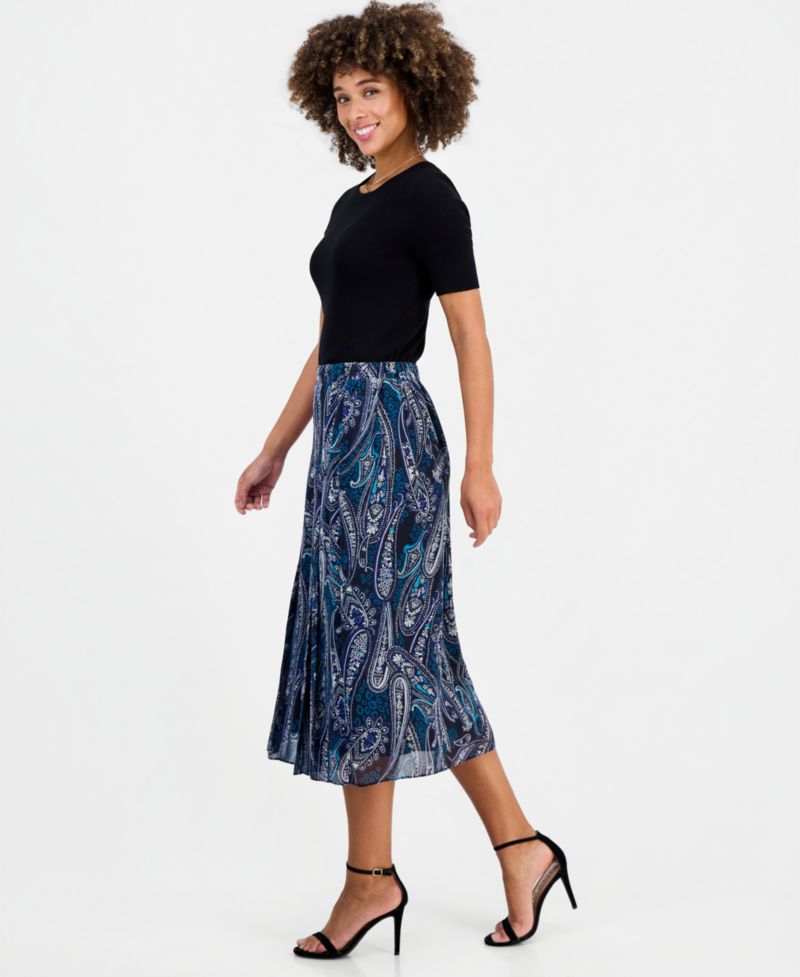 Women's Printed Pleated Pull-On Midi Skirt