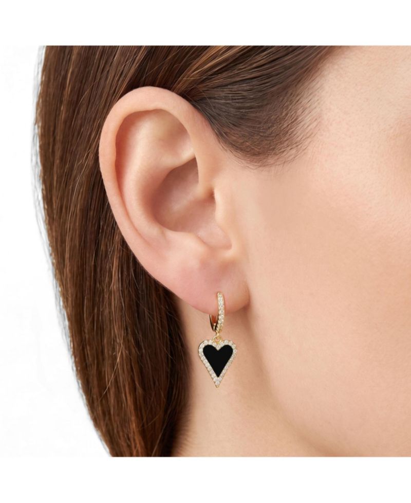 Mini Onyx CZ Halo Heart Dangle Earrings 14K Gold-Plated Sterling Silver