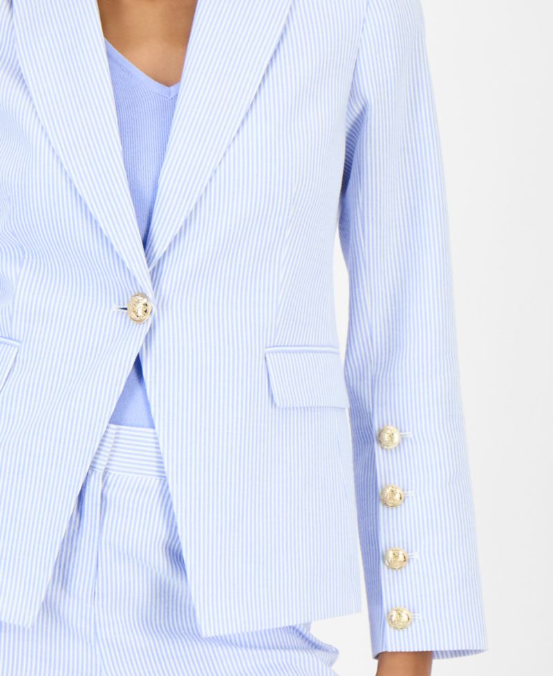 Petite Peak Lapel Collar One-Button Seersucker Blazer