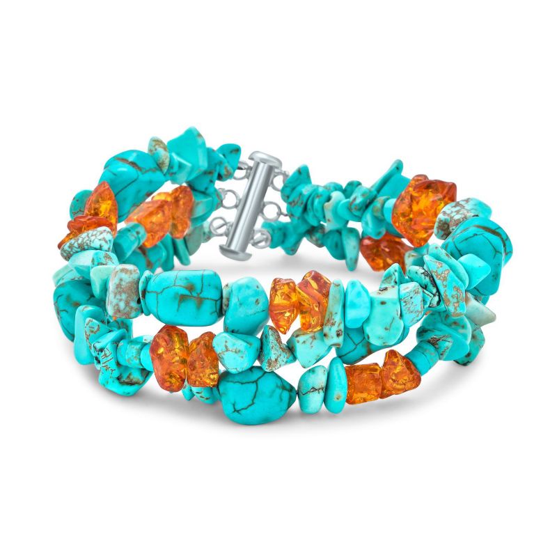 Aqua Blue Turquoise Amber Gemstone 3 Strand Wide Bracelet Sterling Silver