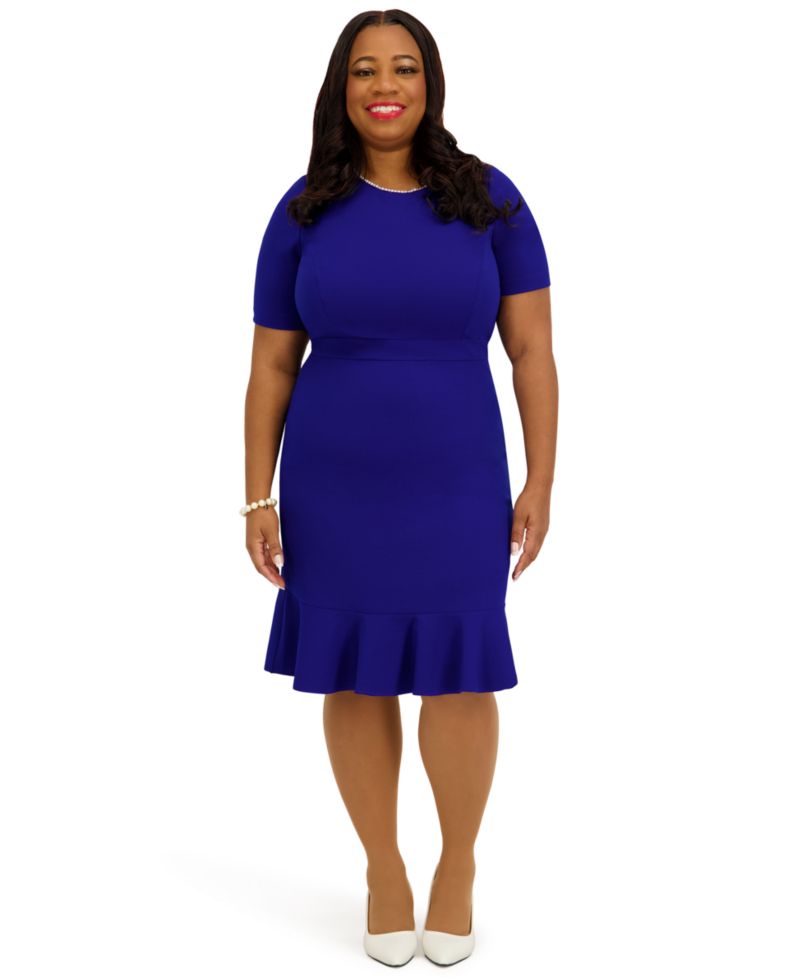 Women's Round Neck Knee Length Ruffle Skirt Dress, Regular and Plus Size