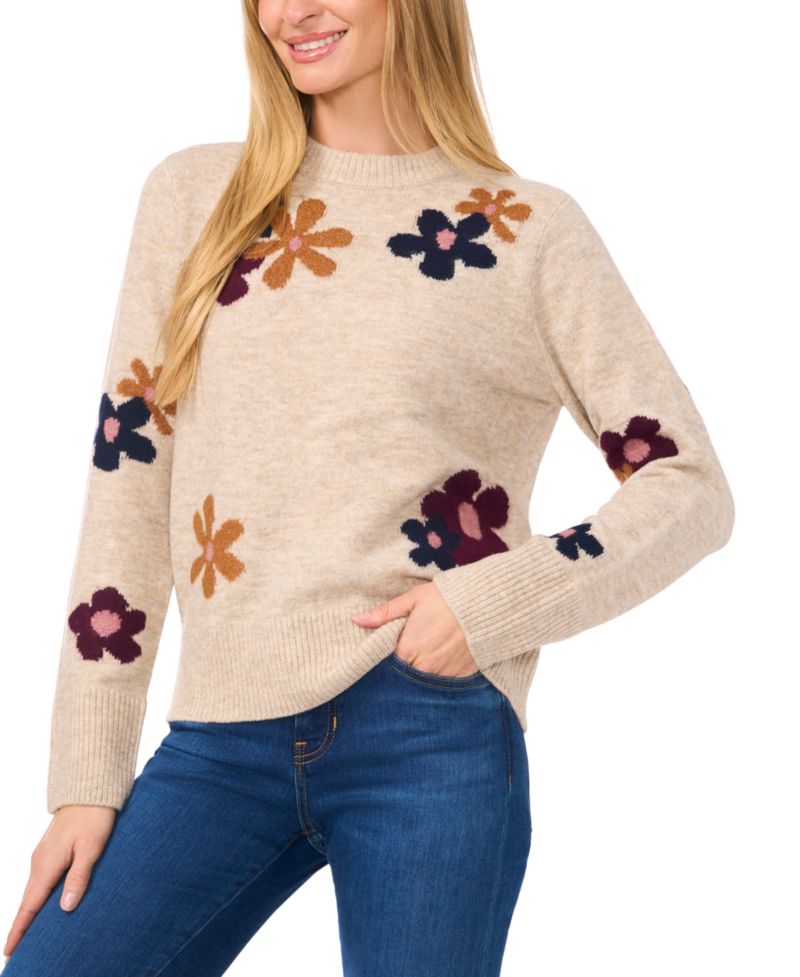 Women's Crewneck Flower Patterned Knit Long-Sleeve Sweater