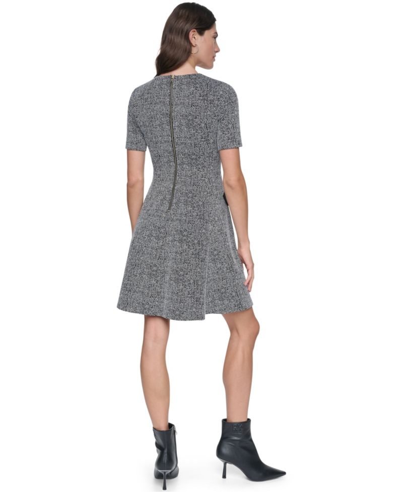 Women's Short-Sleeve Crewneck Textured-Knit Fit and Flare Dress