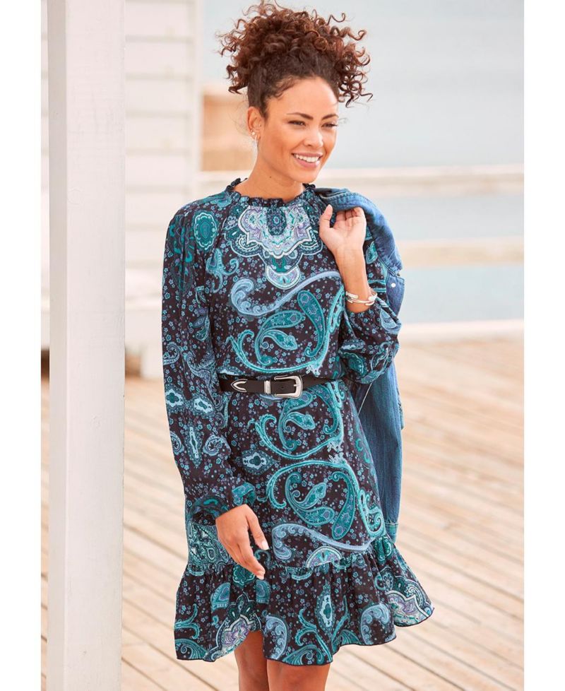 Women's Viscose Paisley Print High Neck Ruffle-Trim Short Dress