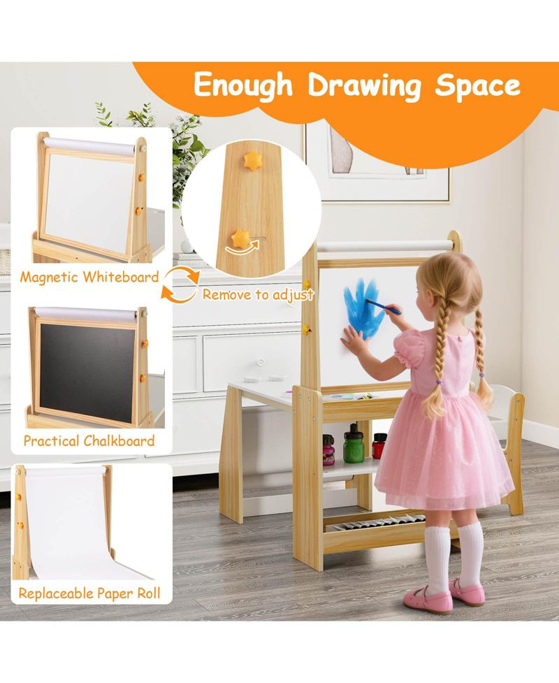 Kids Art Table and Chair Set with Easel Whiteboard Chalkboard Paper