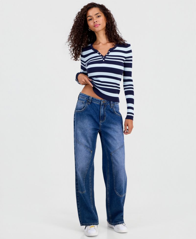 Juniors' Striped Snap Henley Stripe Sweater