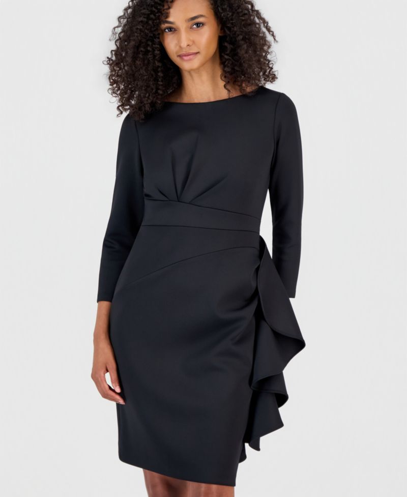 Petite Boat Neck Draped Cascading-Ruffle Sheath Dress