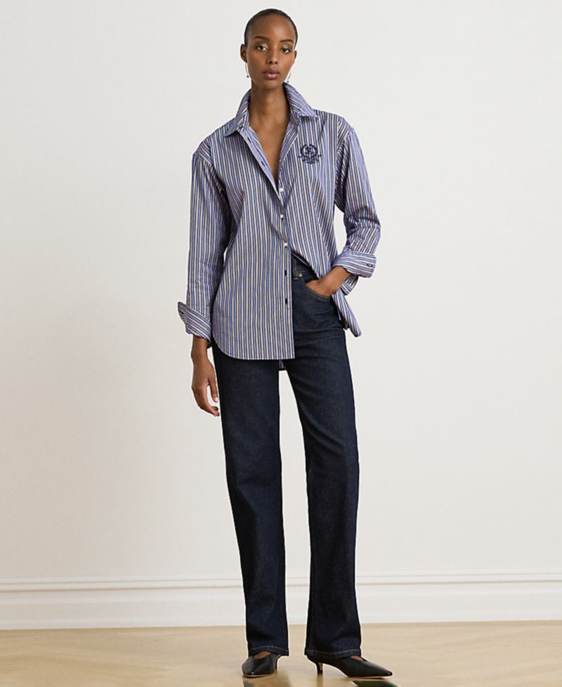 Petite Striped Point-Collar Relaxed-Fit Button-Down Shirt