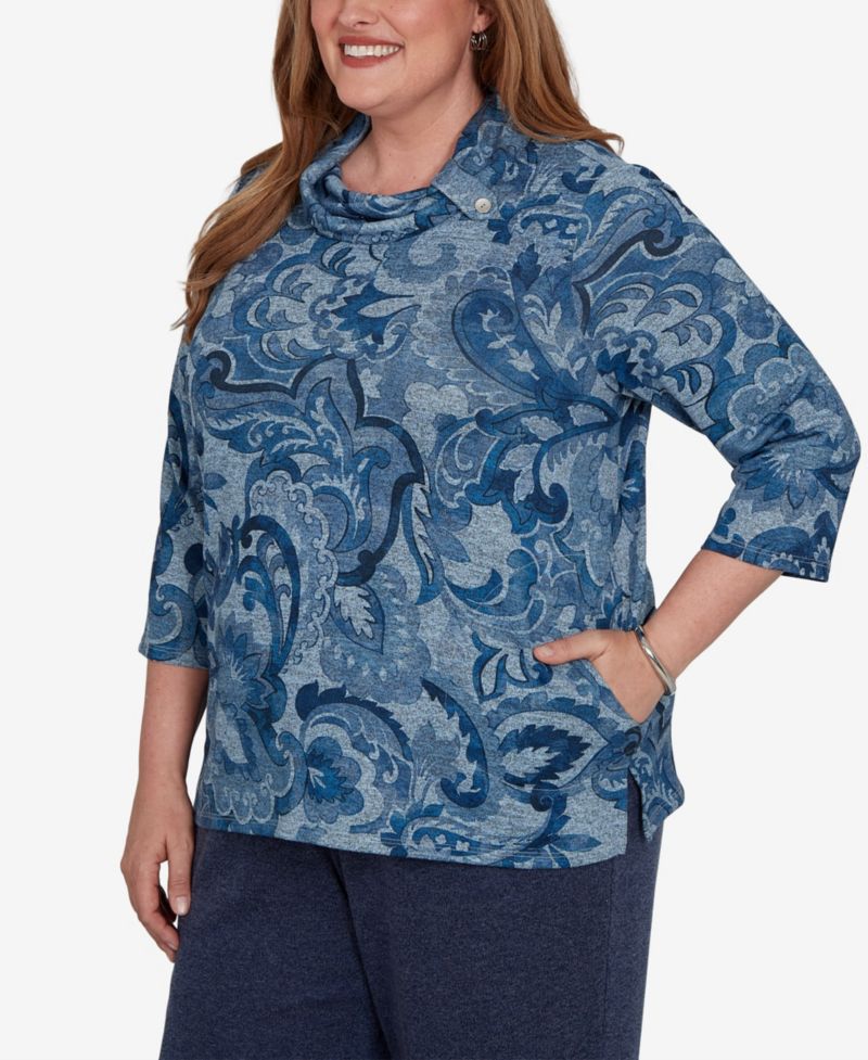 Plus Size Paisley Scroll Cowl Neck Pocket Top