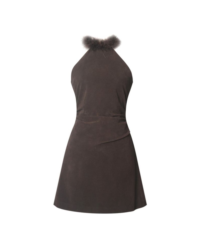 Women's Yael Espresso Suede Faux Fur Halter Mini Dress