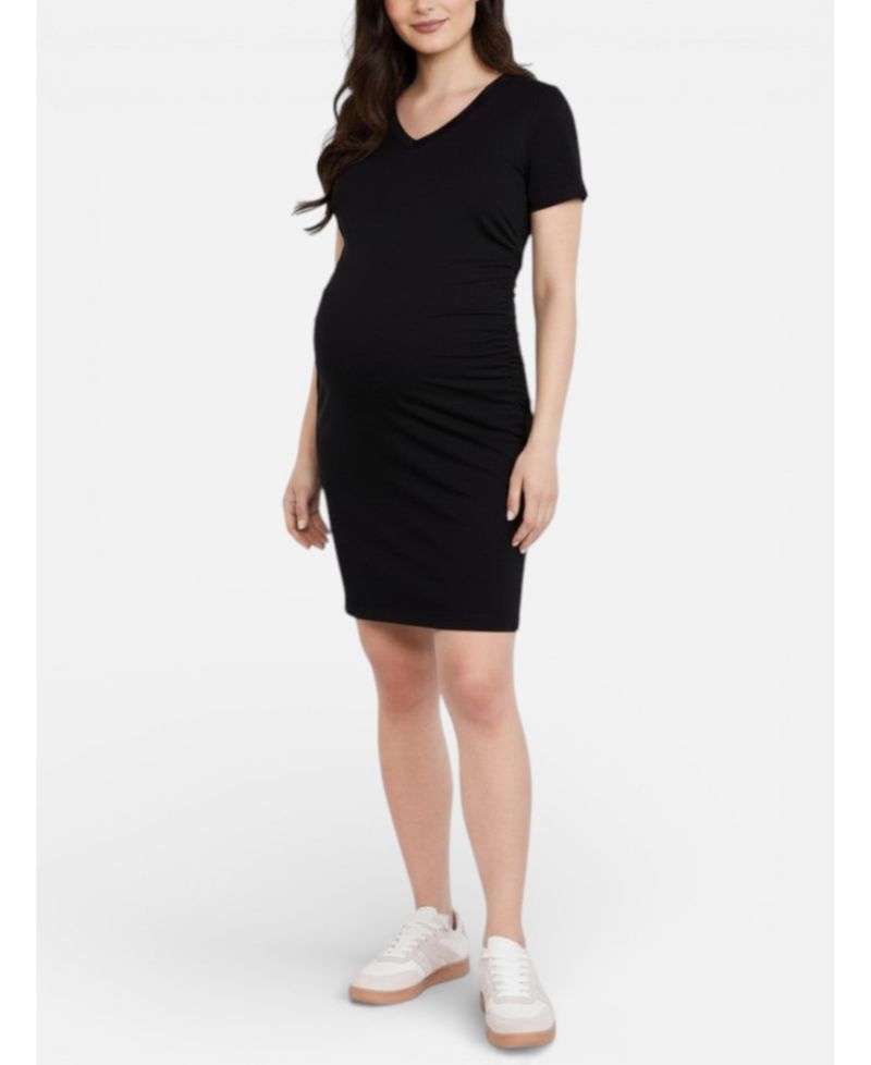 Women's Motherhood V-Neck Short Sleeve Side Ruched Bodycon Mini Dress
