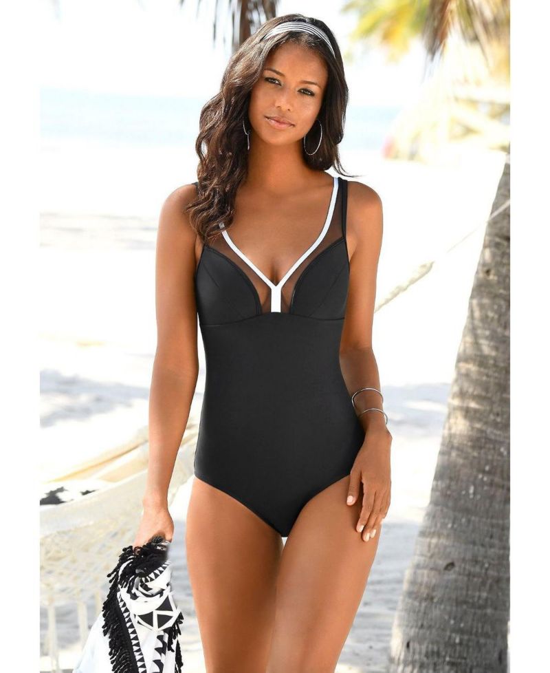 Women's Mesh Trim Tummy Control One-Piece Underwire One-Piece Swimsuit
