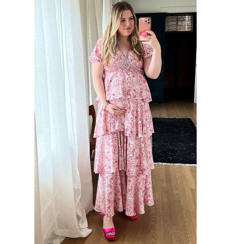 Women's Pink Floral Square Neck Ruffle Layered Maxi Dress