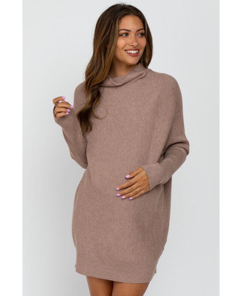Women's Taupe Funnel Neck Dolman Sleeve Mini Dress