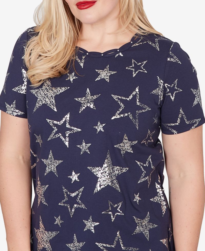 Women's Lady Liberty Sparkling Foil Stars Crewneck T-Shirt