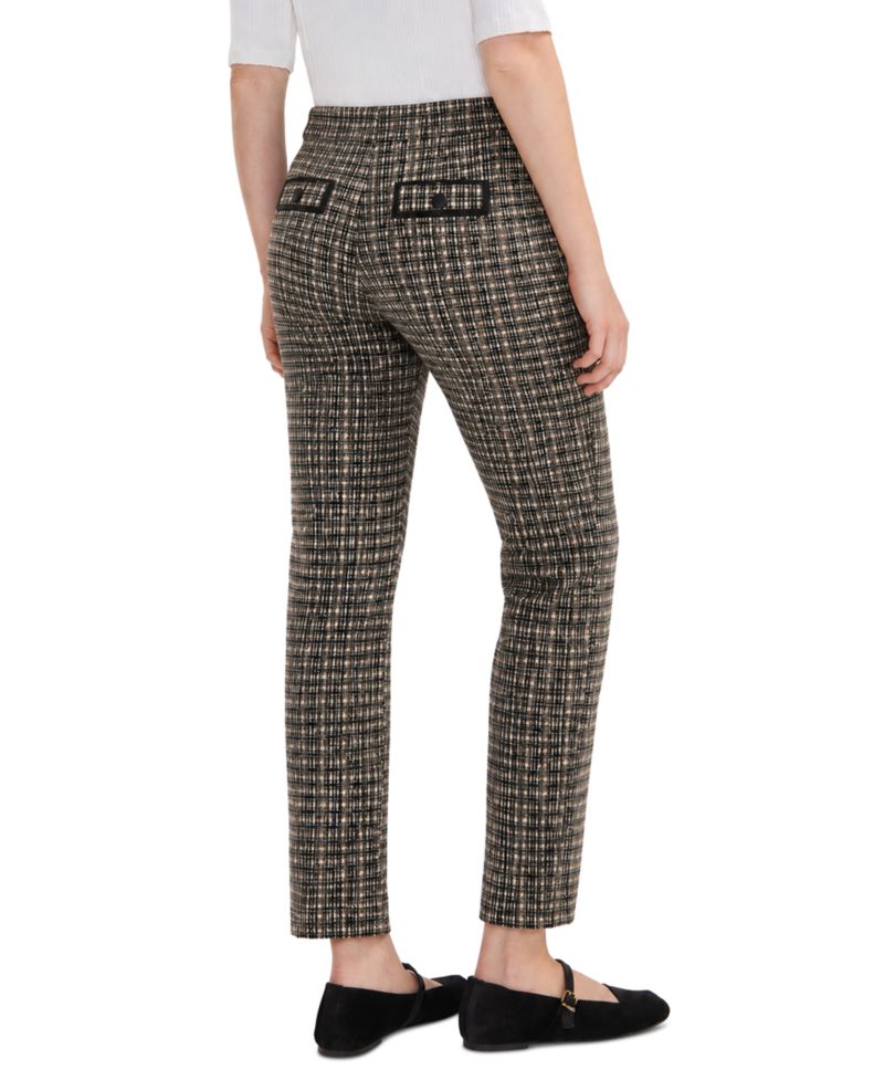 Petite Faux-Leather Trim Plaid Straight-Leg Trousers