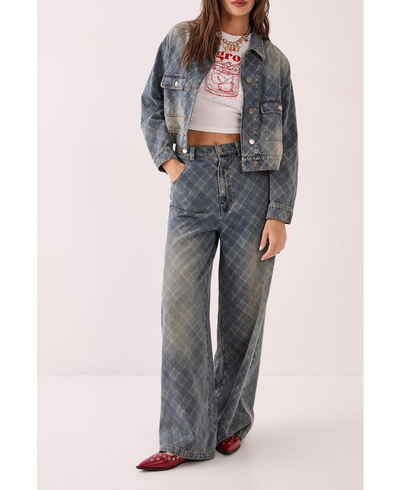 Women's Check Denim Distressed Jacket