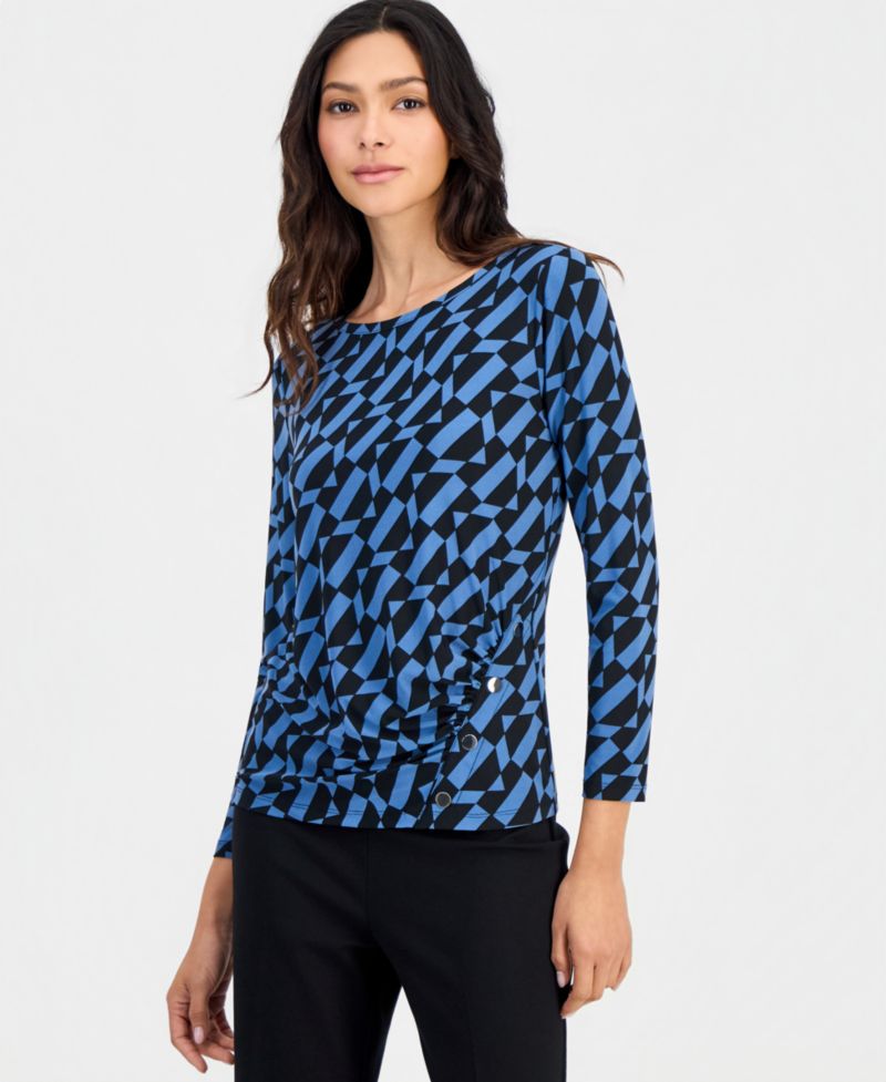 Petite Geo Printed Front Ruche Boat Neck Work Blouse