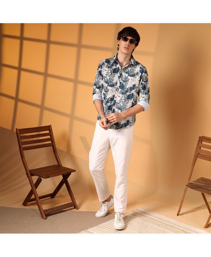 Men's Ivory White & Indigo Blue Foliage-Waffle Shirt