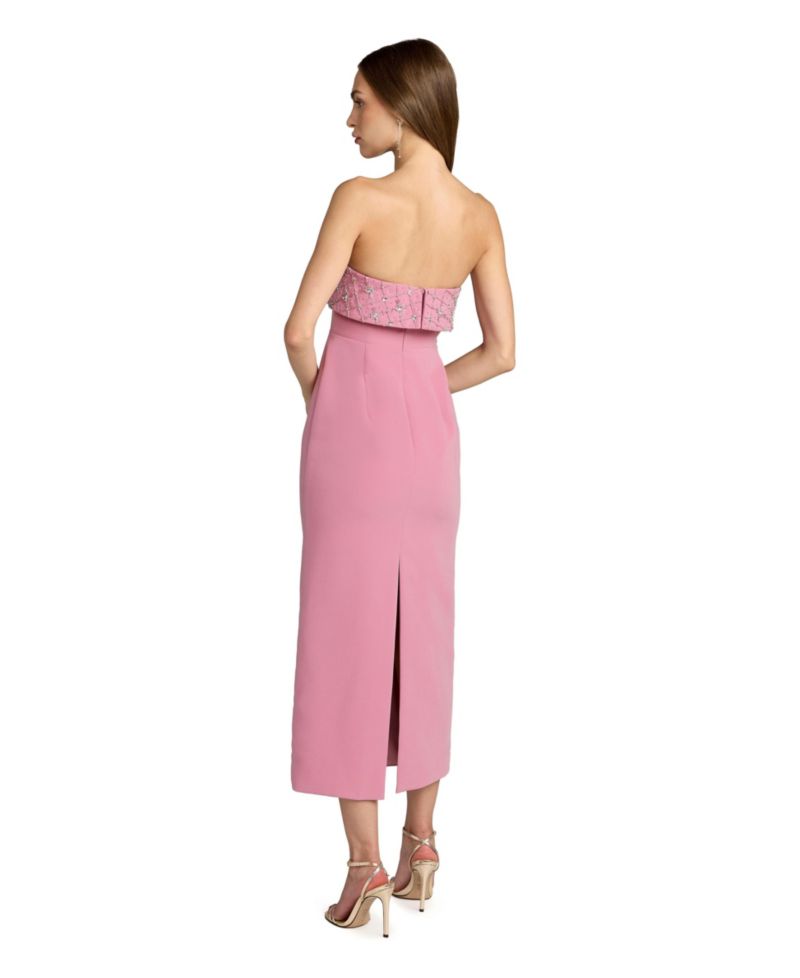 Women's Strapless Crepe Midi Dress with Rhinestone Embellished Bodice