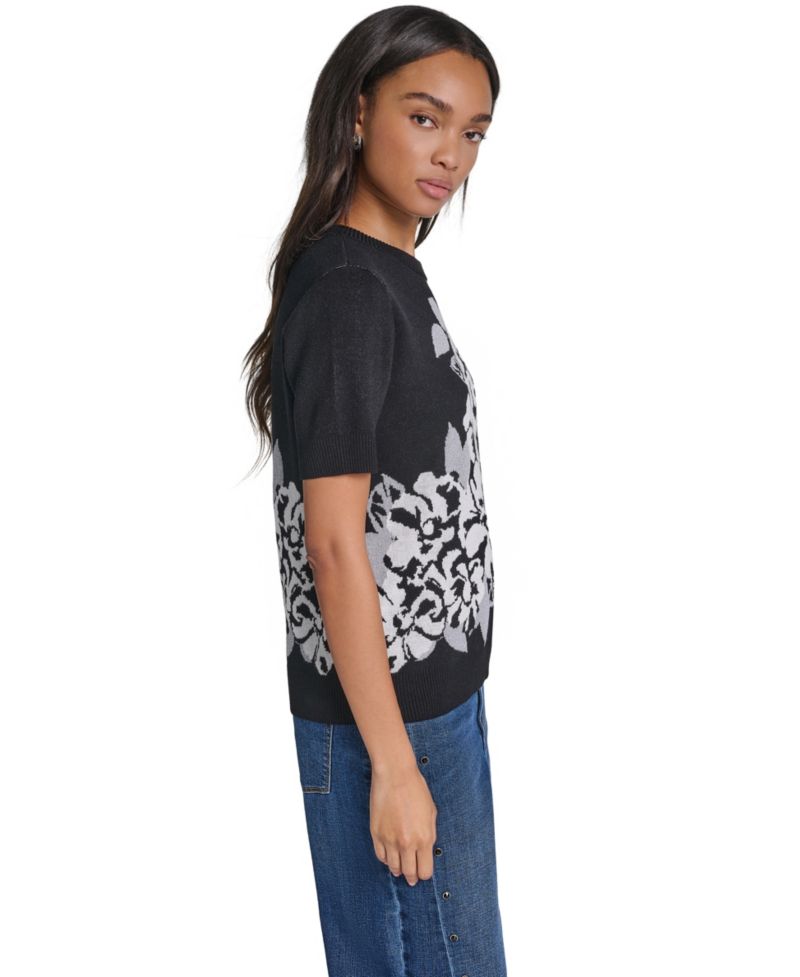 Women's Rose Crewneck Short-Sleeve Floral-Print Sweater