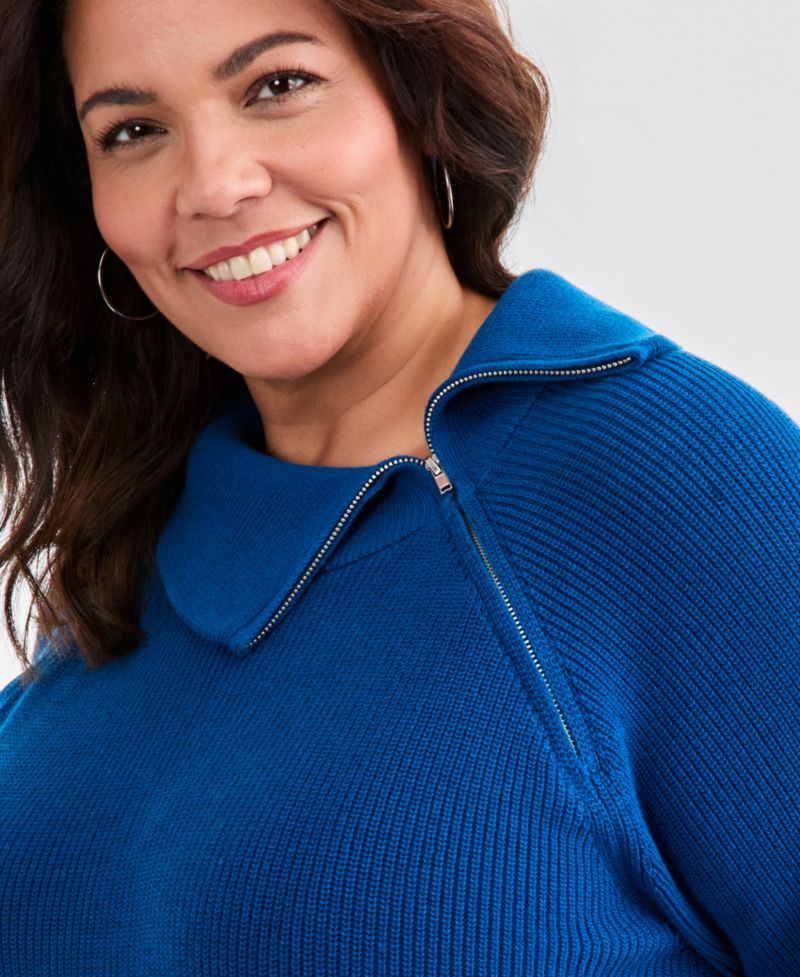 Petite High-Neck Zip Cotton Sweater