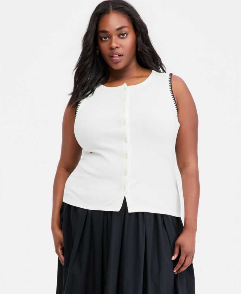 Women's Sleeveless Rib-Knit Whipstitch Button Front Top