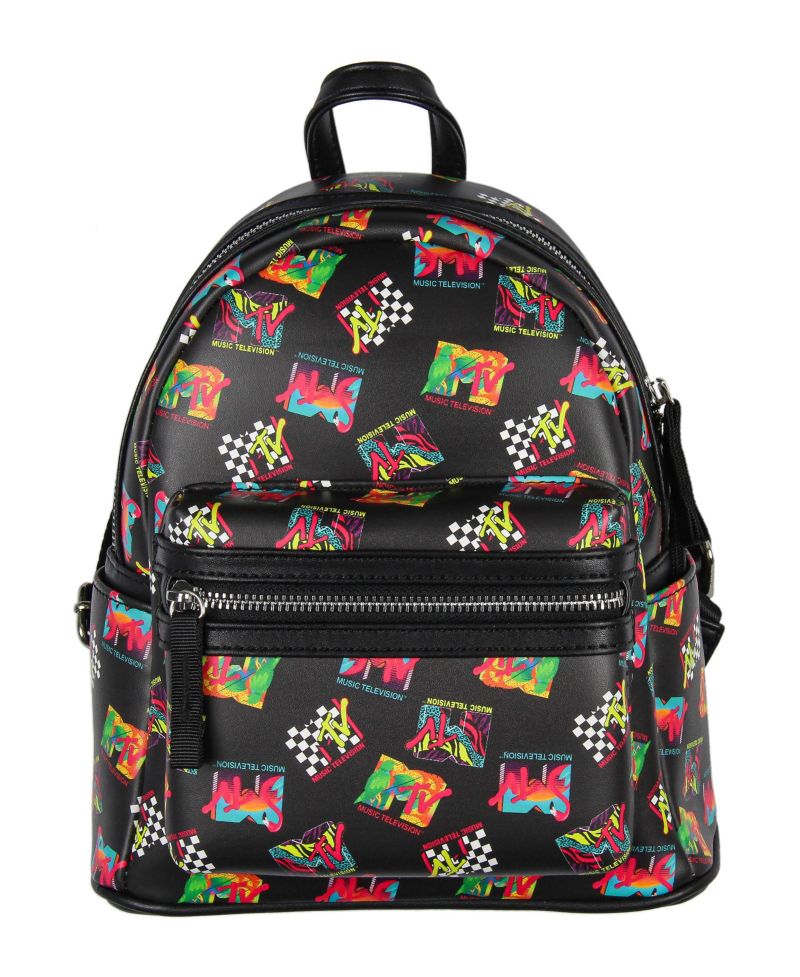 Music Television '80s Logo Tossed Print Zippered Mini Small Backpack Bag 10 Inch.