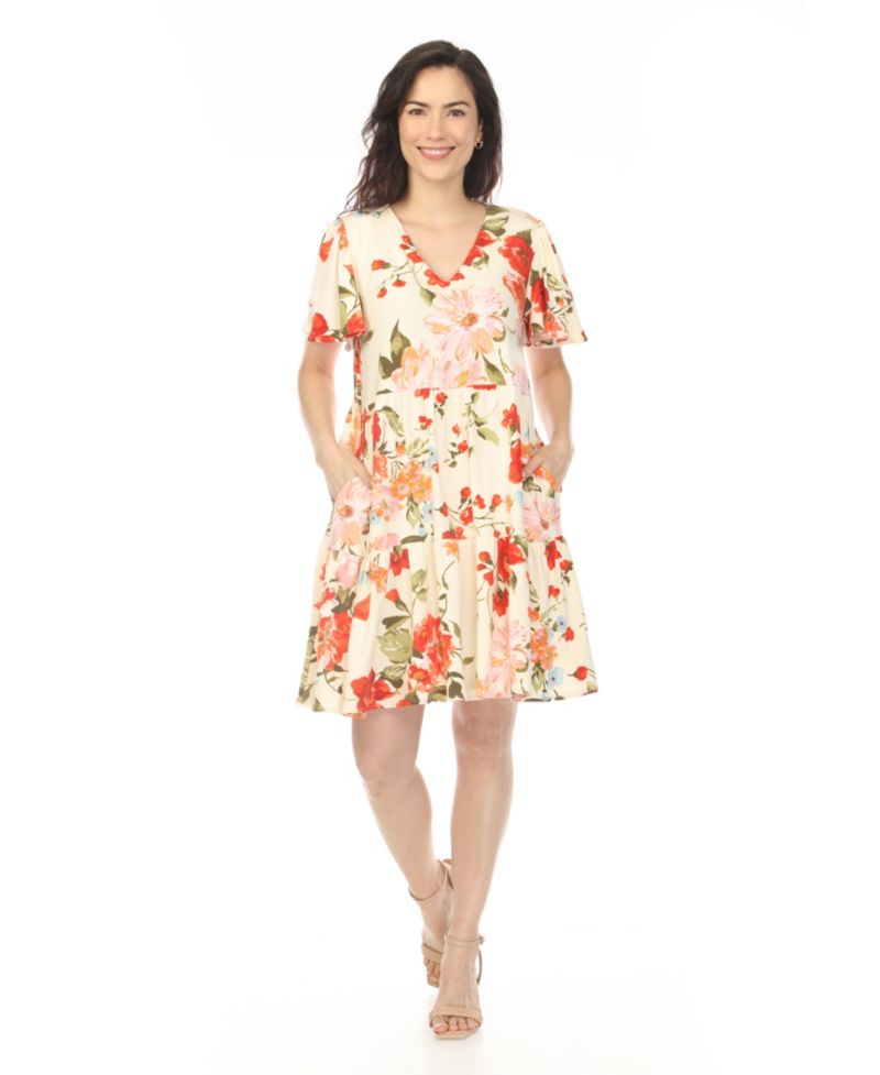 Plus Size V-Neck Tropical Flower Short-Sleeve Dress