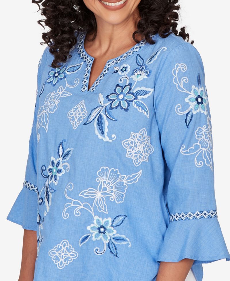 Petite Mykonos Floral Textured Embroidered Split Neck Top