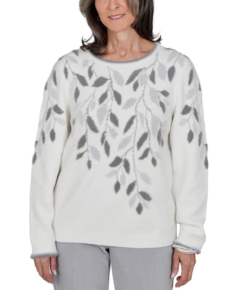 Petite Floral-Print Crewneck Long-Sleeve Sweater