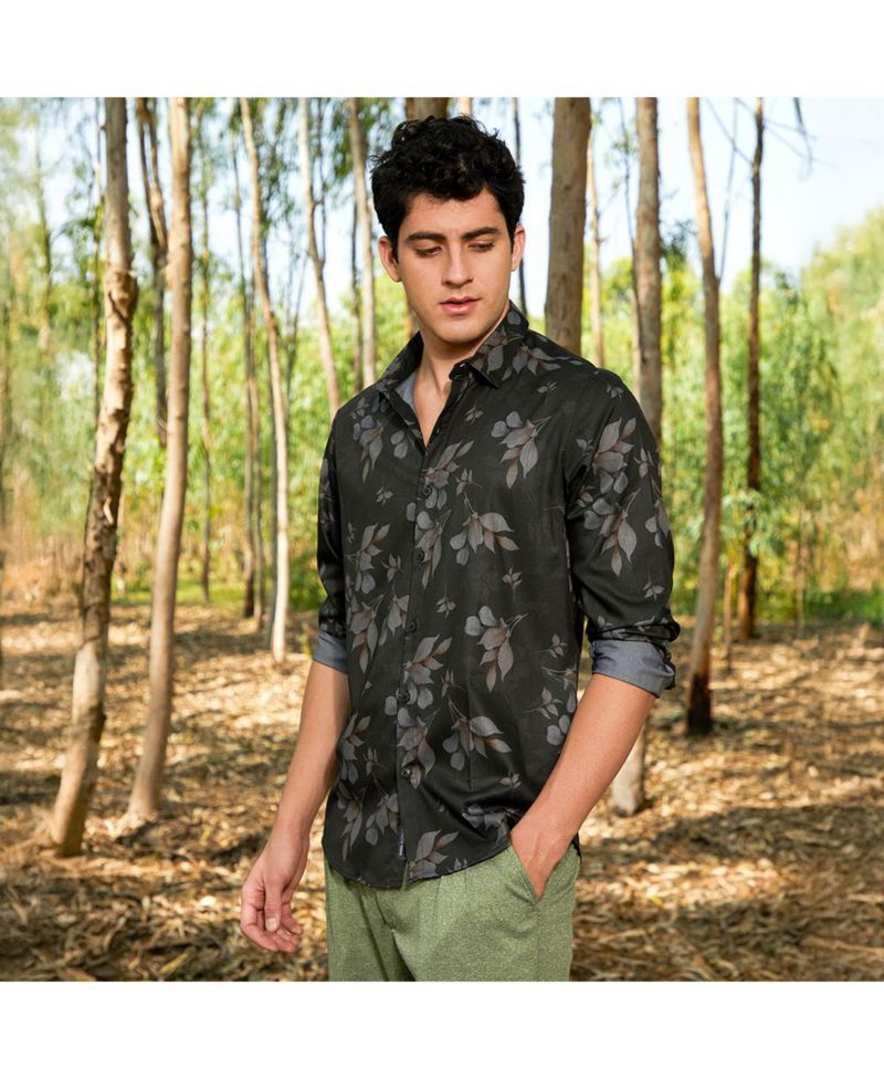 Men's Charcoal Grey Stamped-Foliage Shirt