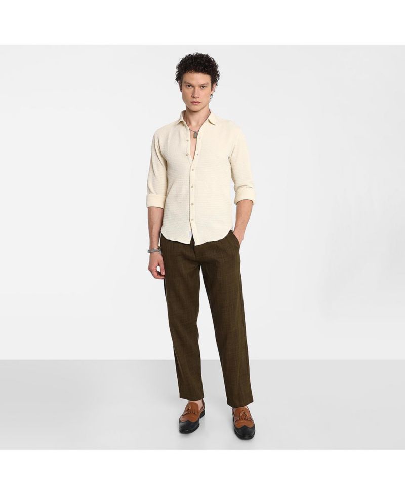 Men's Ivory White Weave-Textured Shirt