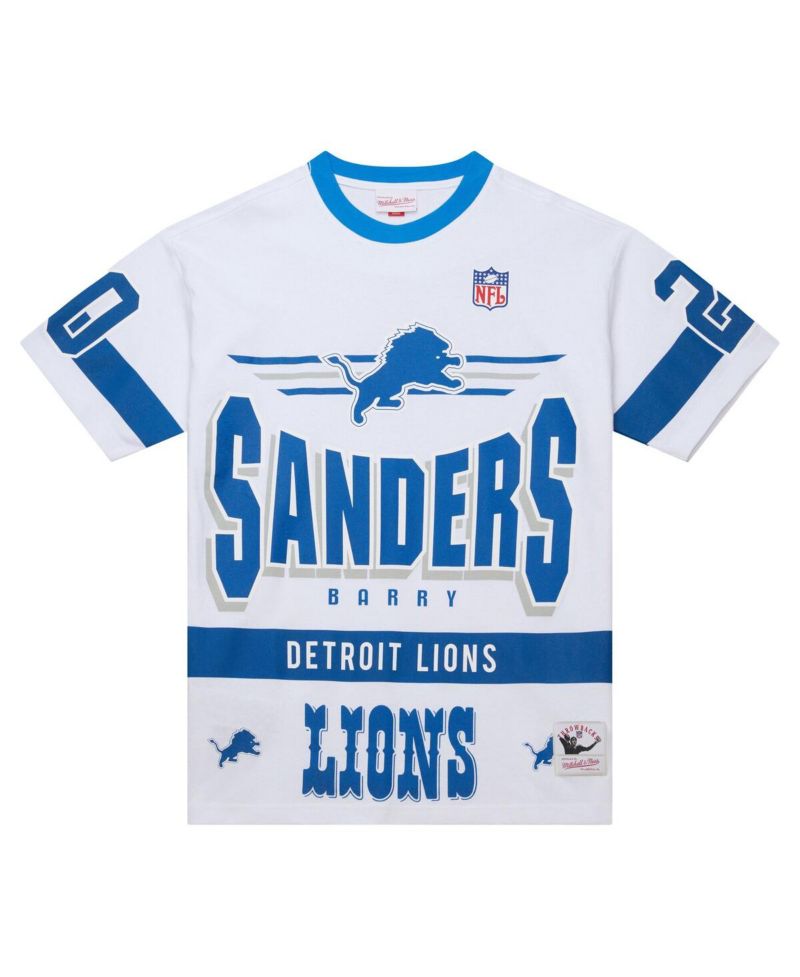 Men's Barry Sanders White Detroit Lions Name & Number Team Origins Vintage Logo T-Shirt