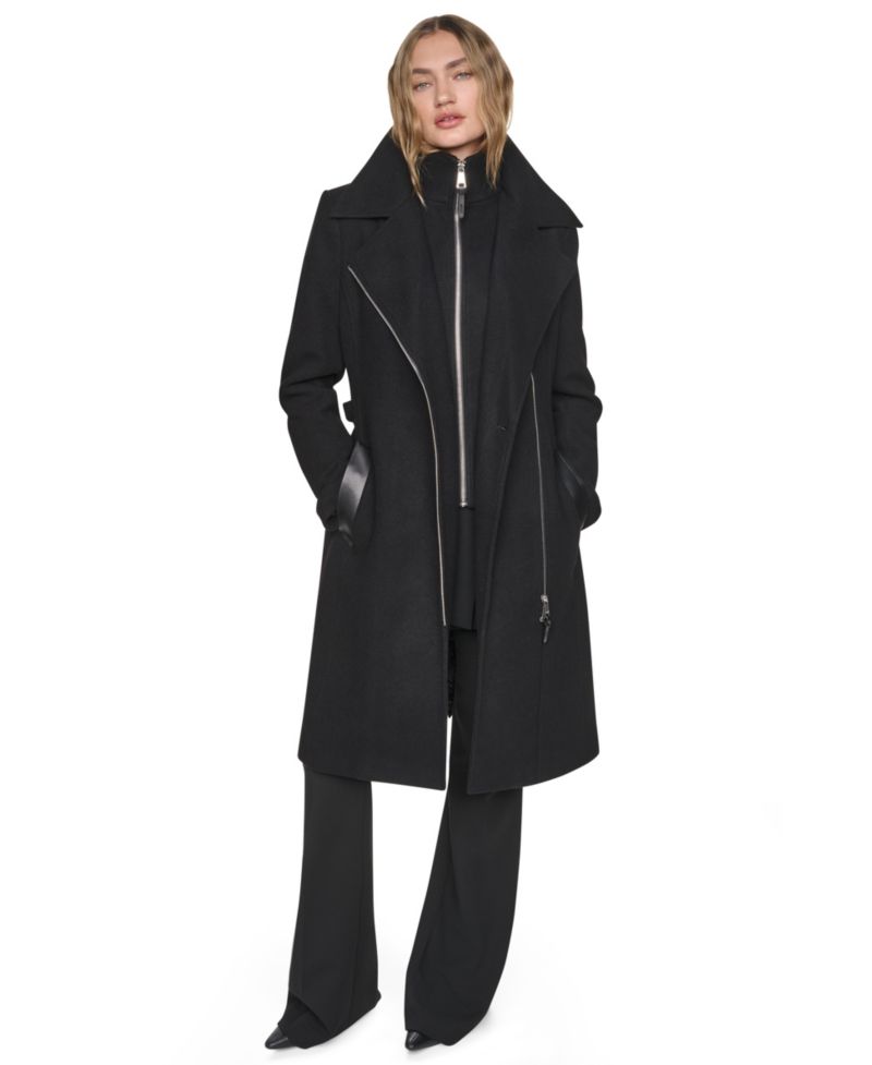 Women's Faux-Leather Trimmed Asymmetrical Wrap Coat