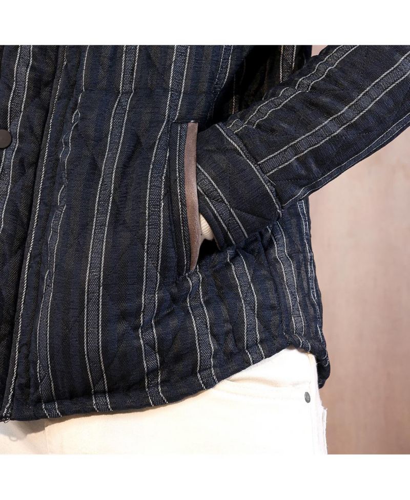 Men's Navy Blue Woven-Striped Quilted Jacket