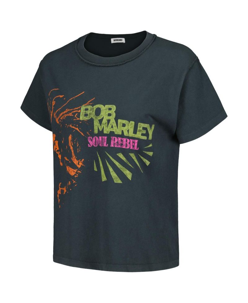 Women's Black Distressed Bob Marley Soul Rebel Reverse Girlfriend T-shirt