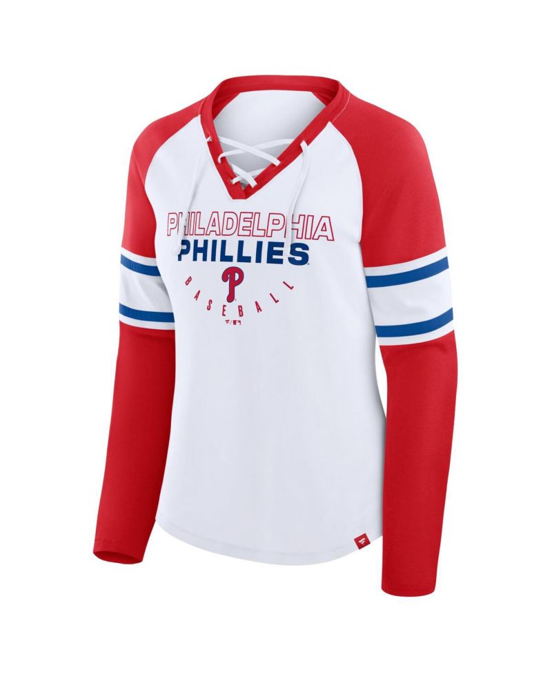Women's White/Red Philadelphia Phillies Blitz Package Raglan Lace-Up V-Neck Long Sleeve T-Shirt