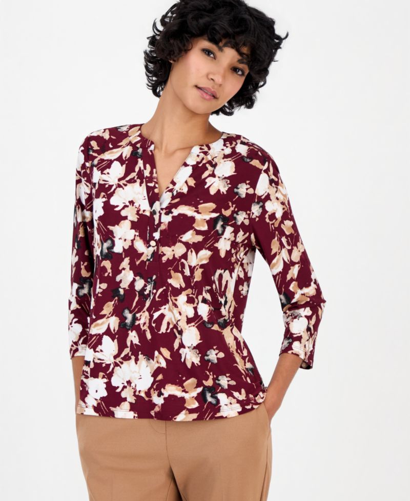 Petite V-Neck 3/4-Sleeve Floral-Print Henley