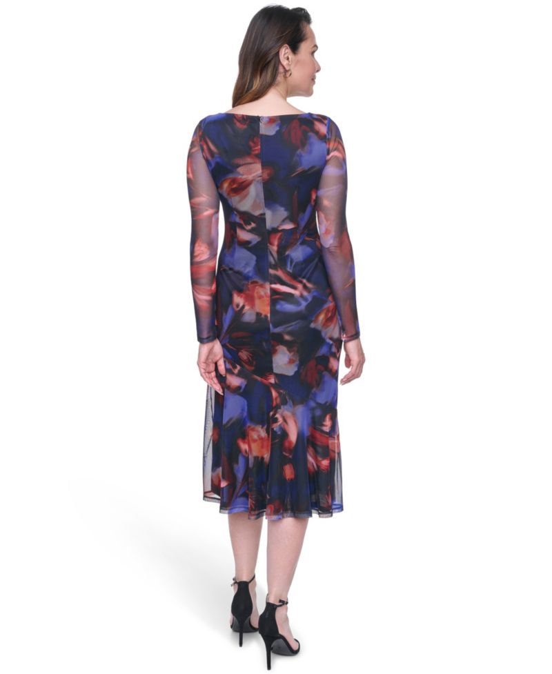 Petite Long-Sleeve Side Ruched Mesh Midi Dress